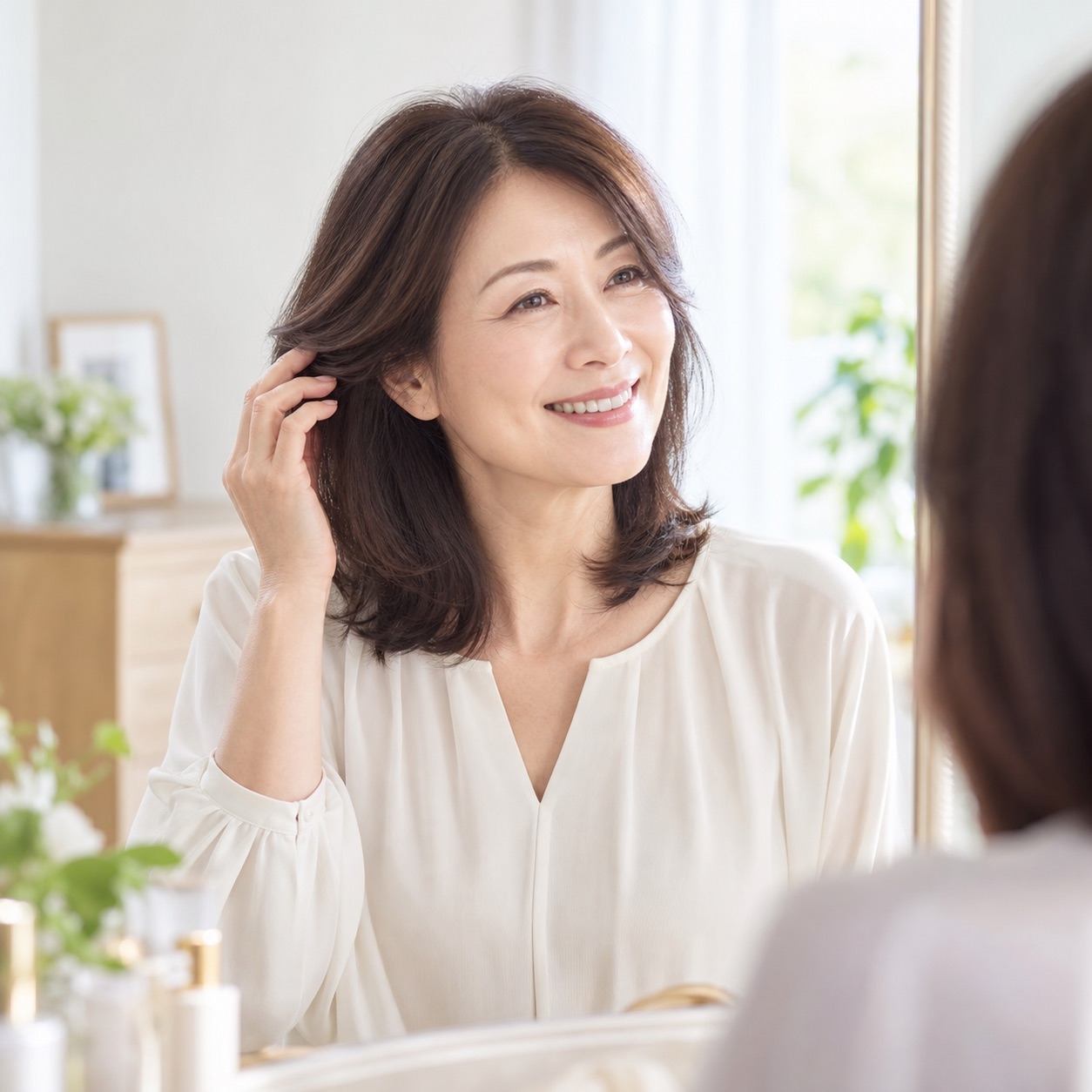 鏡を見ながら髪を整えて微笑む女性のイメージ(AI生成)
